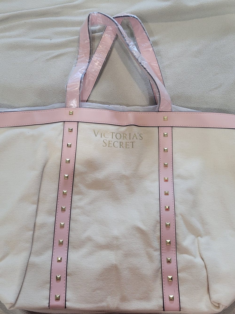 Victoria's Secret Pink and Cream Studded Tote Bag